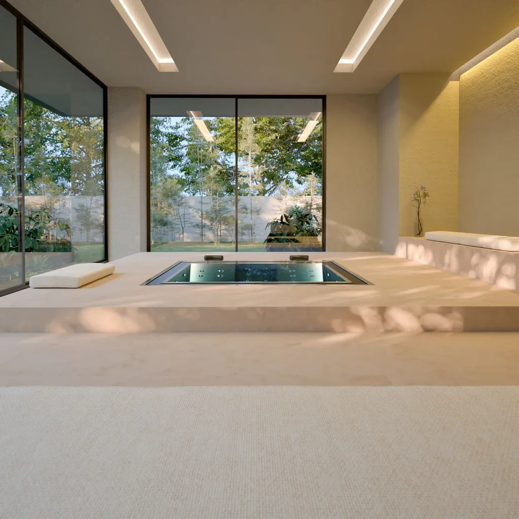 Spa Inox Aquavia au design contemporain et durable, installé sur une terrasse avec vue sur le Bassin d’Arcachon.