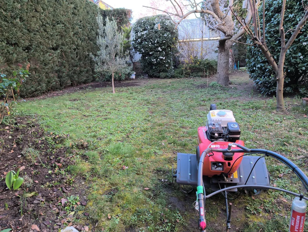 Réalisation d'engazonnement dans un jardin à Roanne avec nivellement du sol et création de pelouse par semis
