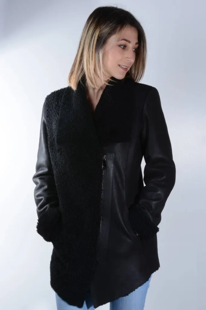 veste peau lainée noire femme