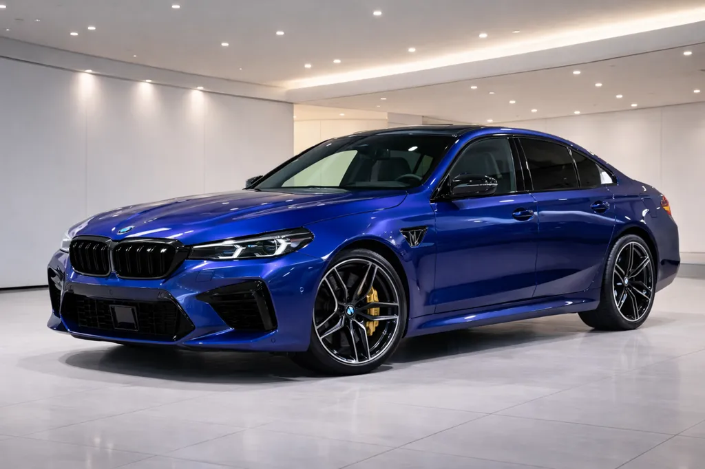BMW M5 G90 face avant Marina Bay Blau calandre M et jantes performance en showroom