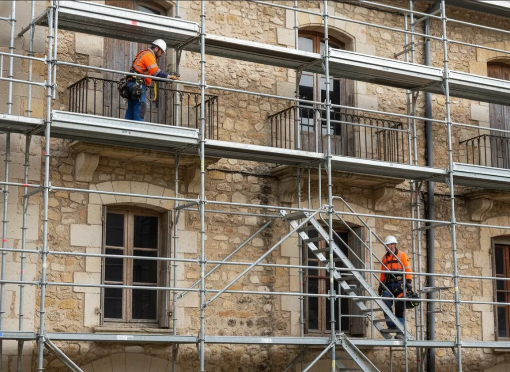 Échafaudage multidirectionnel Layher Universel Allround K2000 installé sur une façade ancienne pour des travaux de rénovation nécessitant une adaptation précise aux volumes du bâti.
