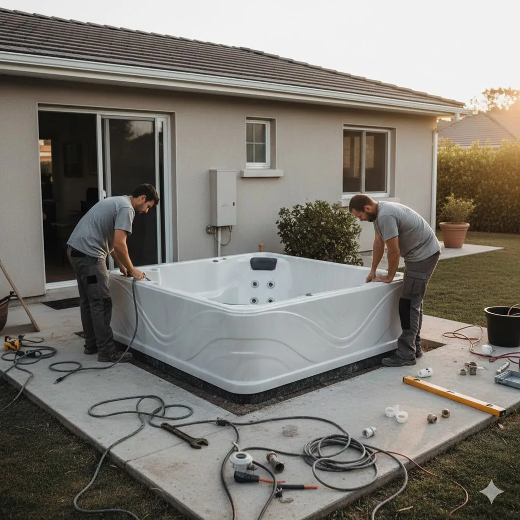 Installation d’un spa en extérieur sur dalle béton, en cours de mise en place chez un client, avec deux techniciens et les outils de raccordement visibles.