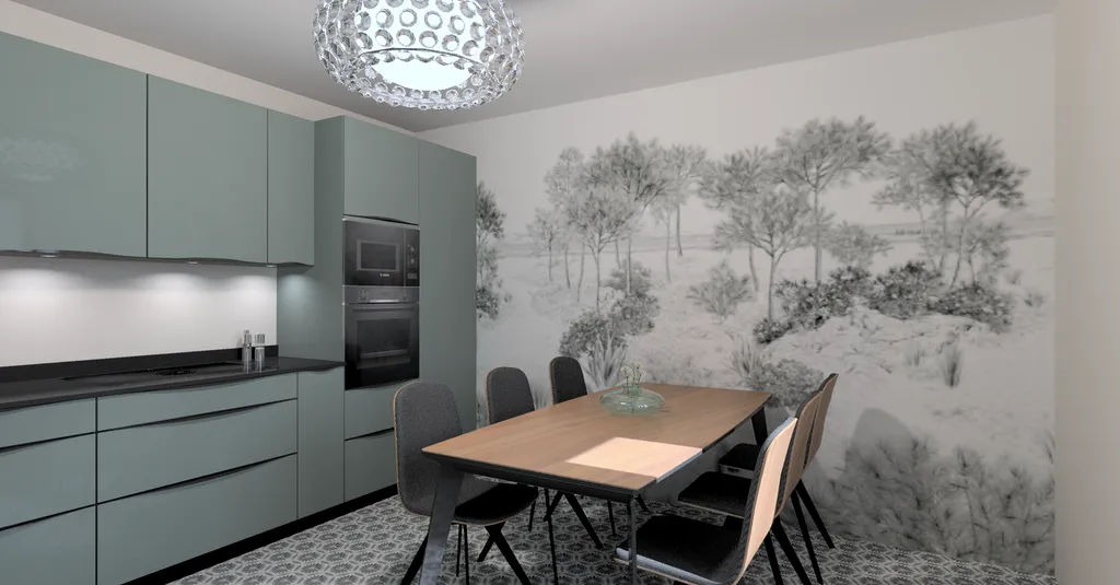 A Biscarrosse Plage, très belle cuisine en L avec plan de travail en Granit noir satiné et table bois et piètement métal noir