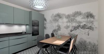 A Biscarrosse Plage, très belle cuisine en L avec plan de travail en Granit noir satiné et table bois et piètement métal noir