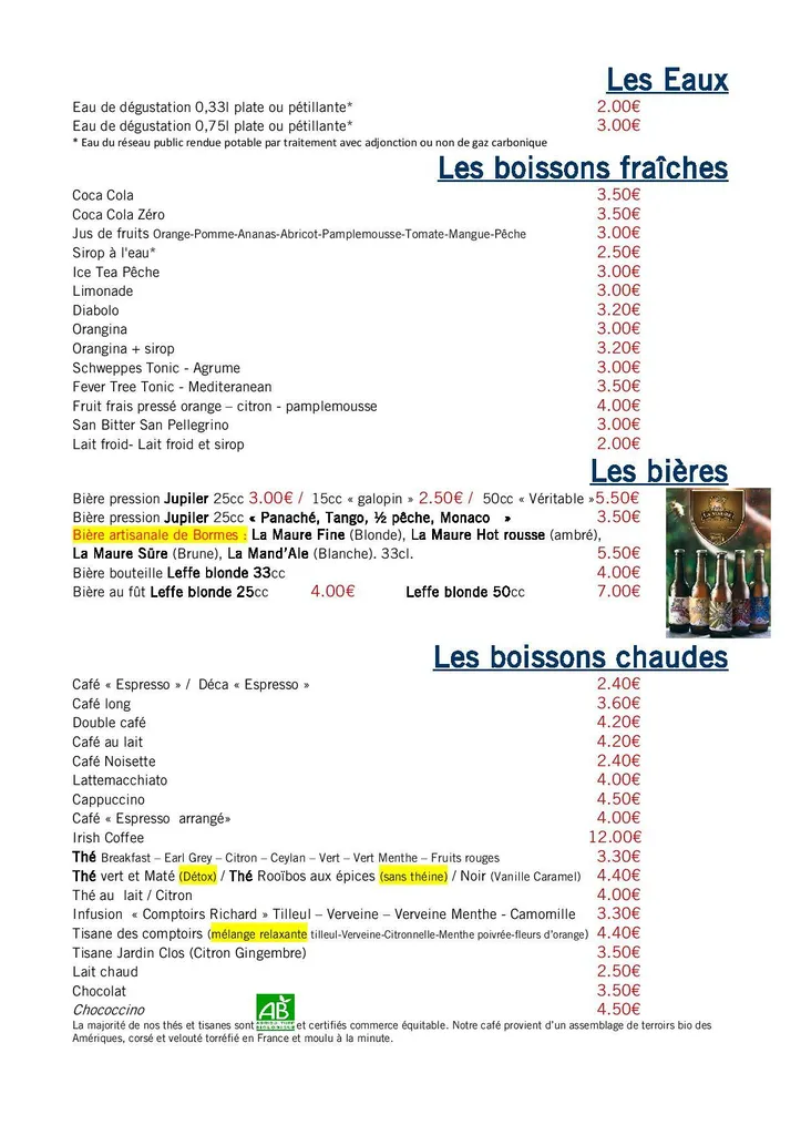 Boissons fraiches, bieres de Bormes et boissons chaudes. La Table de l'HDLP est le restaurant de l'Hôtel De La Plage - HDLP à Bormes Les Mimosas,  La Favière, Var Proche du Lavandou, La Londe Colobrière. Entre Toulon et St Tropez.