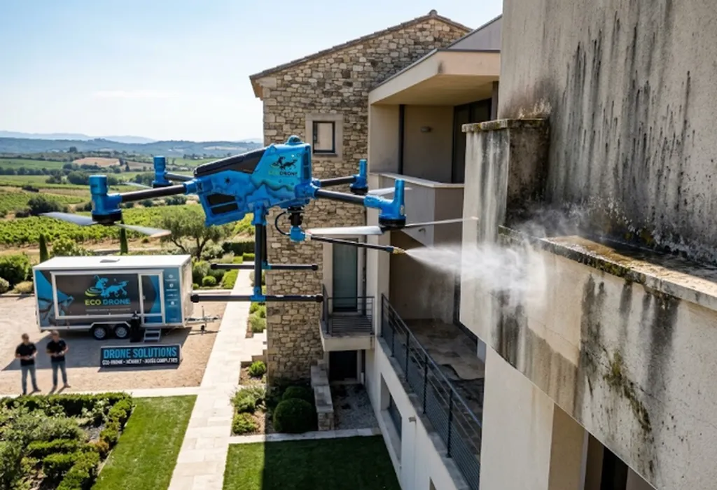 Entretien de façades et bardages en hauteur par drone pour les sites professionnels aux accès complexes vers Montpellier et alentours en Occitanie