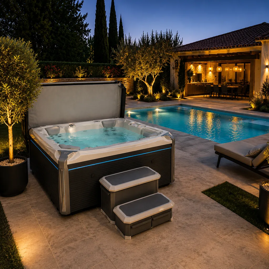 installation spa everest wellis proche piscine dans jardin Nimes gard