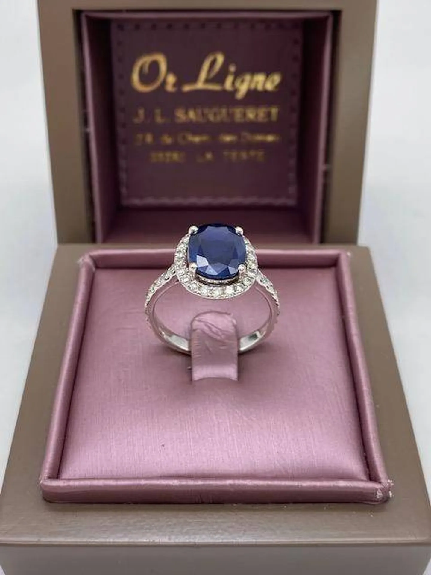 Bague de fiancailles en or blanc 750/1000ème saphir et diamants à prix intéressant chez Or Ligne à La Teste sur le Bassin d'Arcachon 