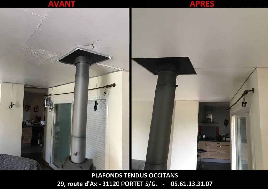 AVANT - APRES Intégration d'un poêle dans un plafond tendu BARRISOL sur Roques