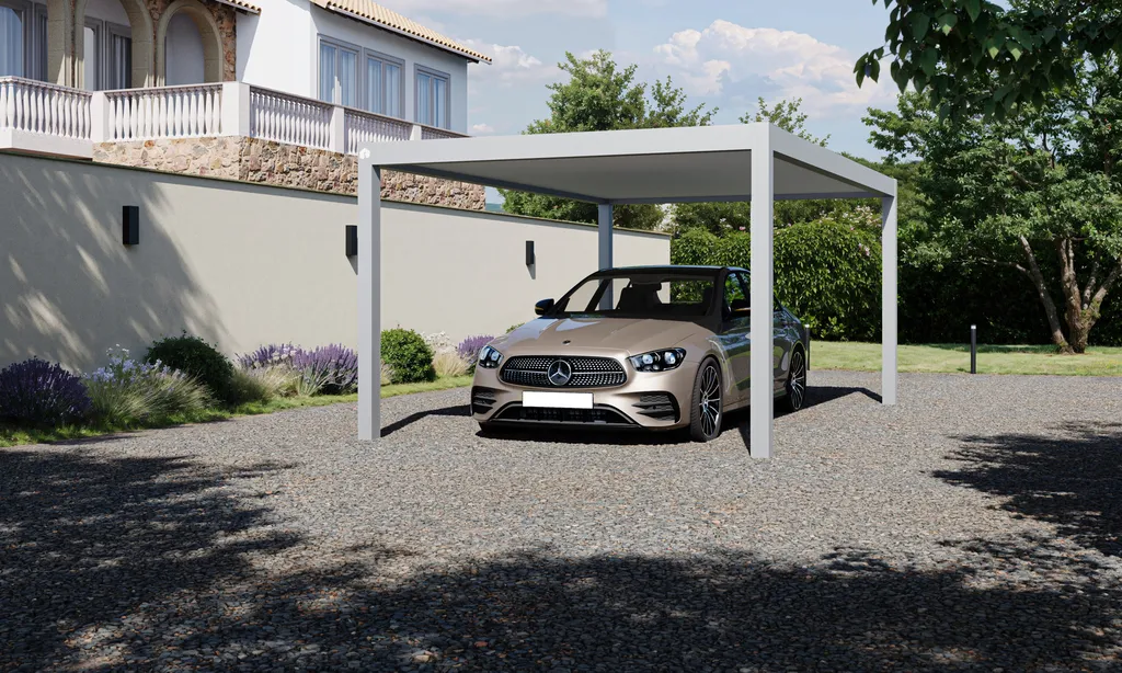 Installation d'un carport aluminium autoportant Tschoeppe à Ajaccio et en Corse-du-Sud : structure sans appui mural, sur mesure pour protéger votre véhicule toute l'année