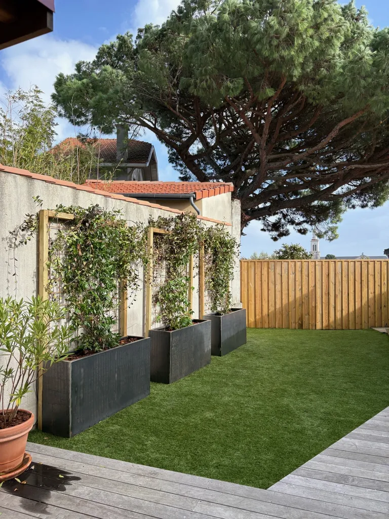 Création de bacs Corten avec treillis soudé, poteaux pin et Trachelospermum jasminoides – occultation naturelle Parentis-en-Born