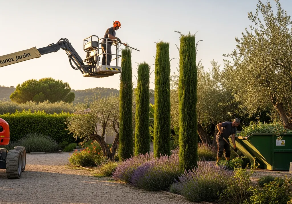 Taille et entretien de cyprès florentins avec nacelle et évacuation professionnelle des déchets verts à Draguignan dans le Var