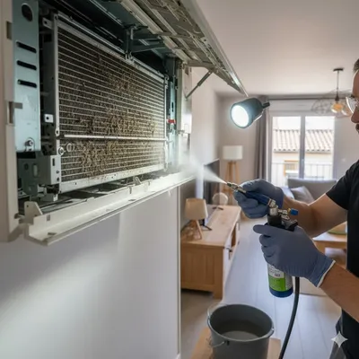 Technicien en train de nettoyer l'unité intérieure d'une climatisation réversible qui présente des traces de moisissures et de mauvaises odeurs à Libourne.