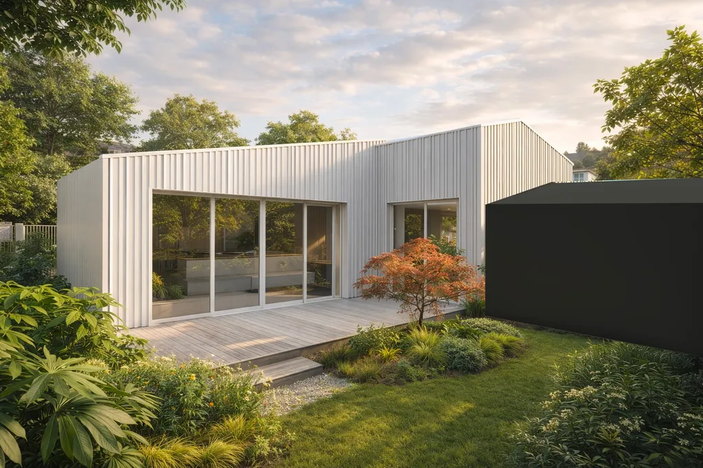 Nouvelle maison côté jardin Maison contemporaine du projet ZARL à Bacalan : construction neuve en bardage métallique et toiture zinc ouverte sur le jardin.