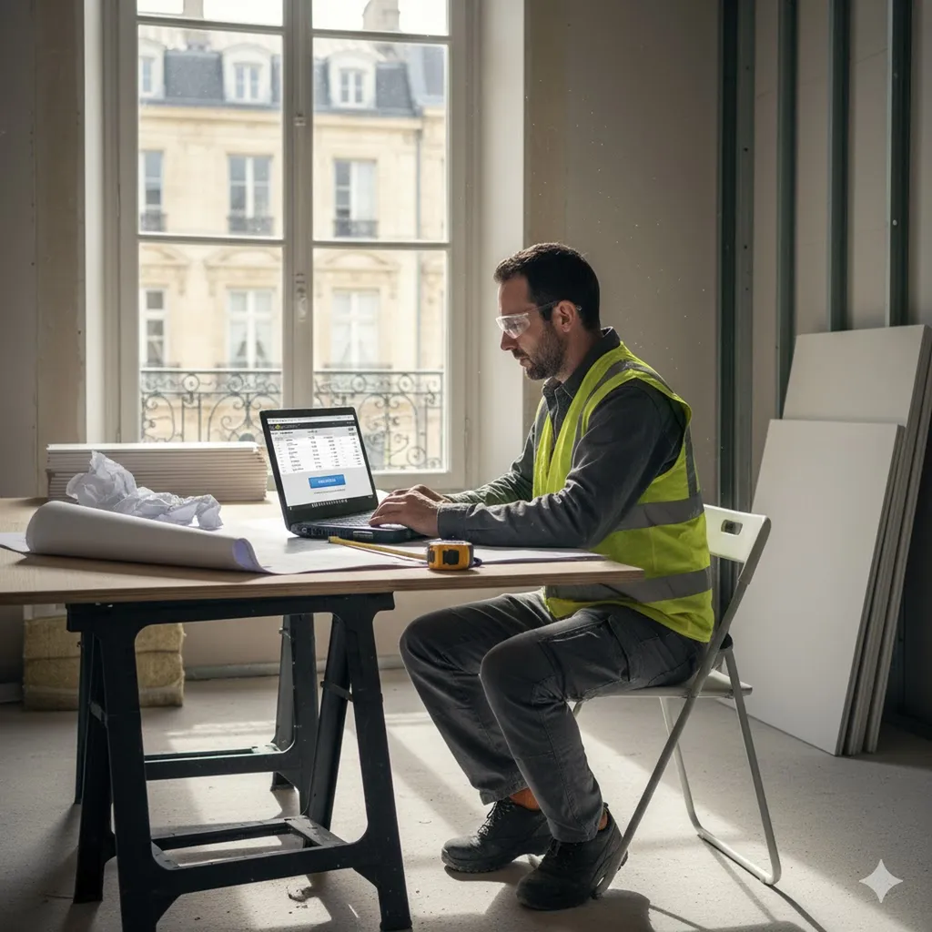 Un plaquiste expert travaillant sur un ordinateur portable sur un bureau de chantier, montrant la rapidité et la gestion administrative moderne de l'entreprise pour générer un devis rapide.