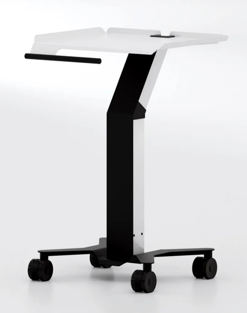 Meditec Dental Chariot mobile conçu pour accueillir un PC portable et une caméra d’empreinte dentaire, équipé d’une alimentation intégrée et d’un design ergonomique pensé spécialement pour les besoins des cabinets dentaires.