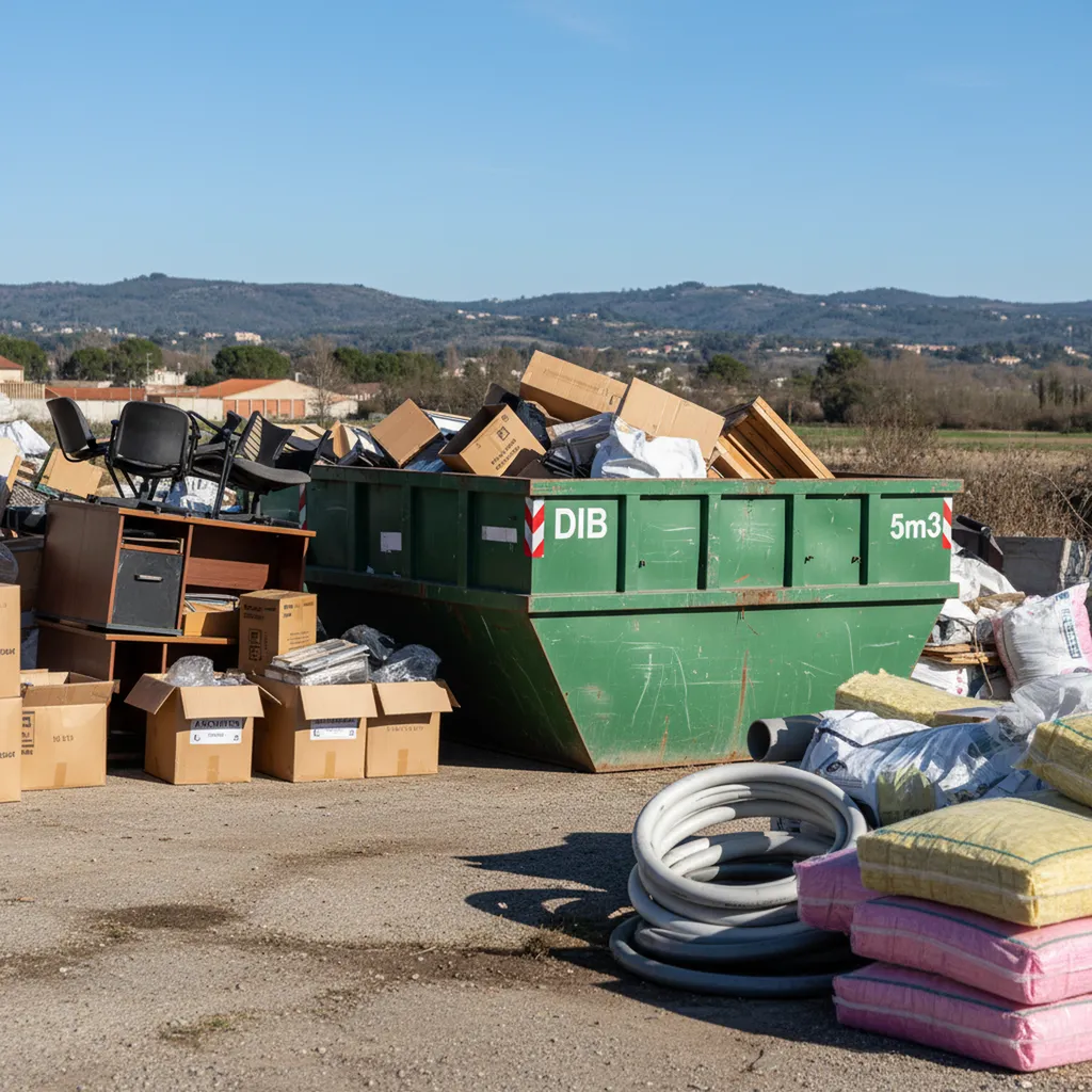 Location benne DIB 5m3 à Vidauban vers Mandelieu-la-Napoule : Adaptée pour le mobilier de bureau, archives, emballages mixtes, tuyauterie PVC et isolants.