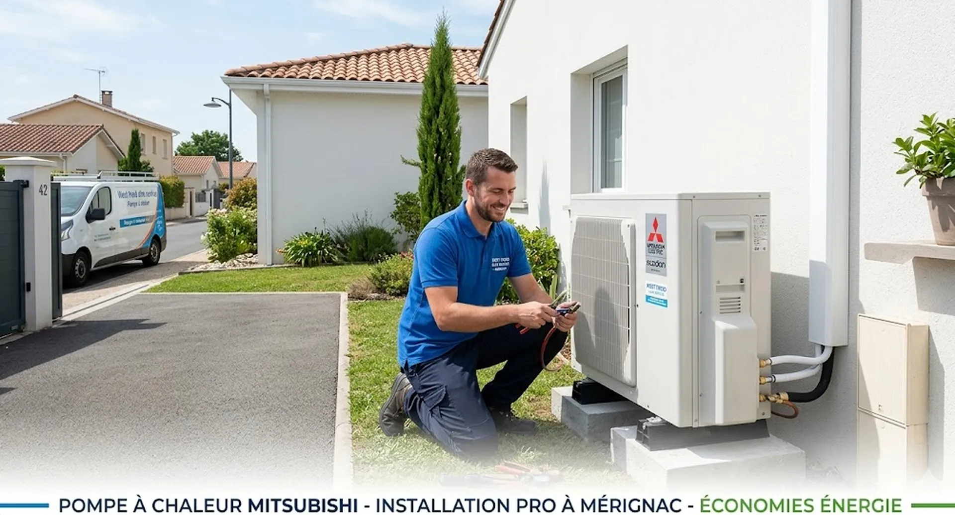 Installation d'un groupe extérieur d'une pompe à chaleur Air Eau Mitsubishi à Mérignac