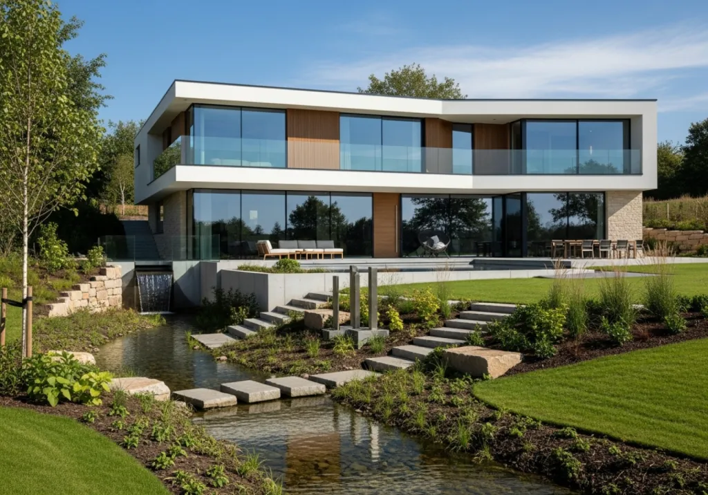 Maison individuelle contemporaine avec étage et sous-sol total sur terrain avec ruissellement à Roquebrune sur Argens Var 83520