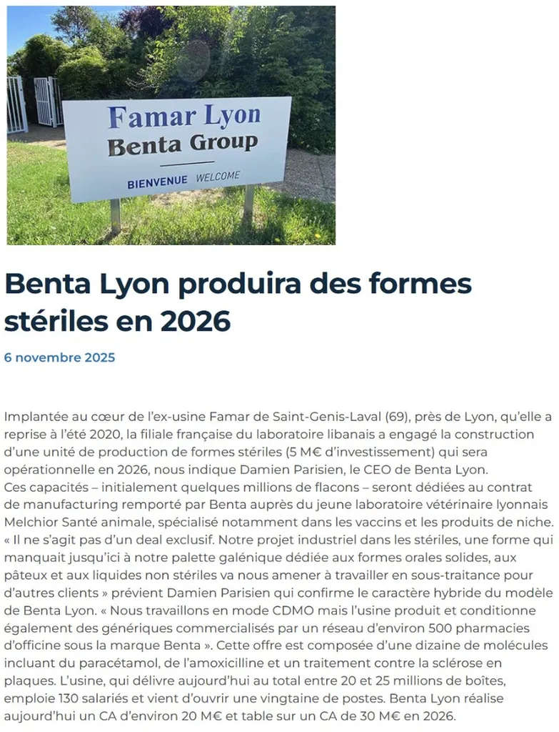 Benta Lyon produira des formes stériles en 2026
