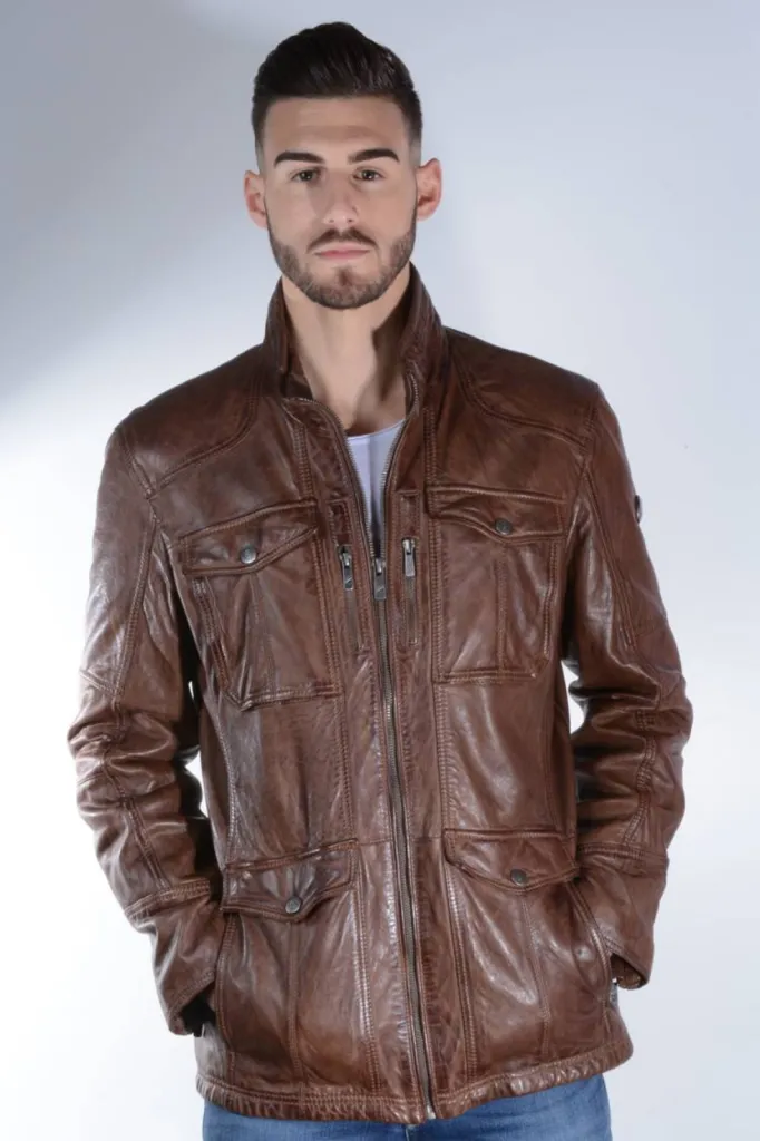veste saharienne cuir marron homme