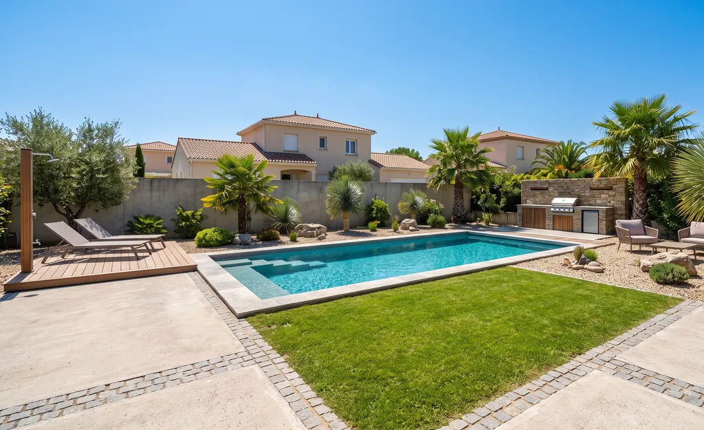 Rénovation d'un jardin sans entretien autour d'une piscine à proximité des terrasses et de l'accès maison par son entrée réalisé