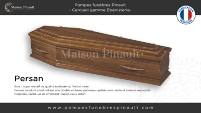 cercueil Persan gamme Ebénisterie forme tombeau noyer massif finition cirée Pompes funèbres Pinault