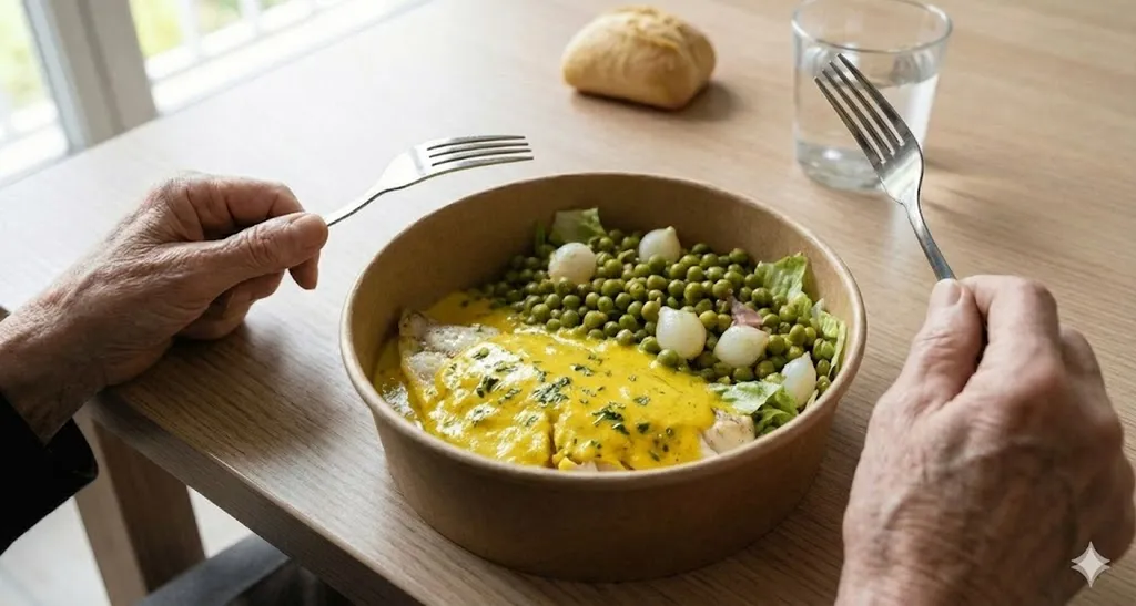 Menu économique 9€90 colin curcuma petits pois seniors Marseille 13002 - Portage repas pas cher budget maîtrisé Joliette