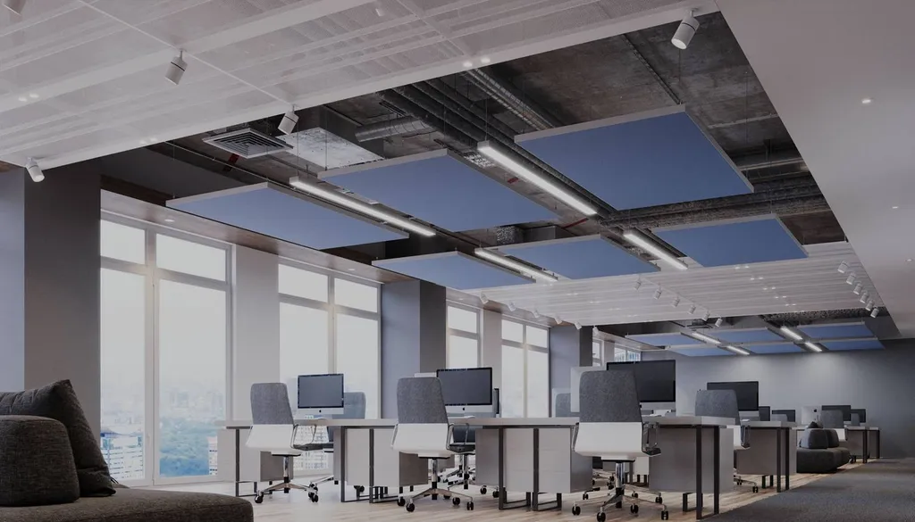 Cloisons acoustiques et panneaux acoustiques suspendus dans un open-space à Marseille