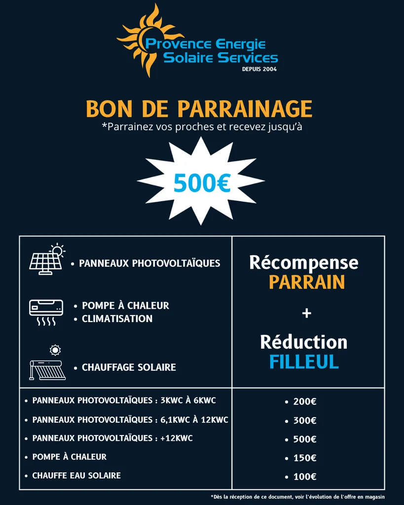 Bon de parrainage Provence Energie Solaire Services, gagnez jusqu'à 500€ 