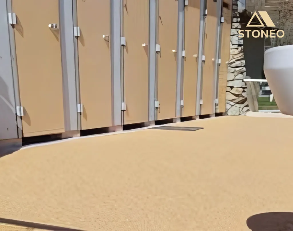 Sol résine vestaire sanitaire camping moquette de pierre résistant drainant Drôme Ardèche Isère 26 07 38