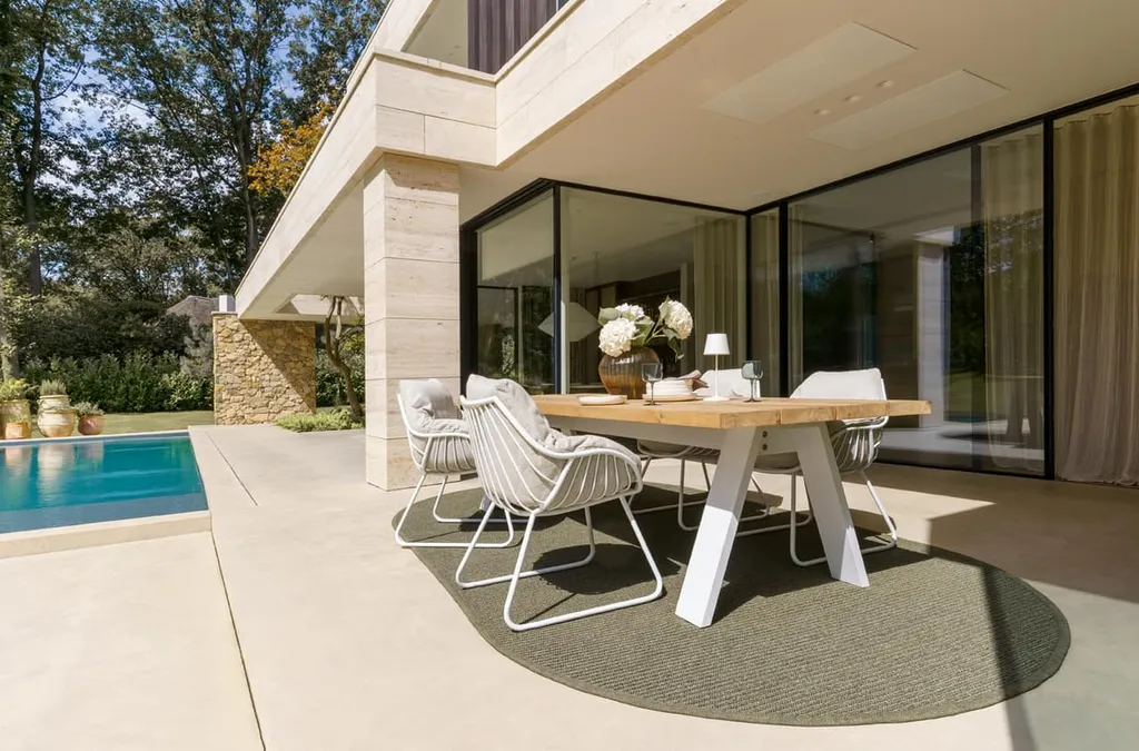 Tapis d'exterieur Atmosphère de chez Jab haut de gamme pour terrasse de villa et hôtel à Megève en Haute Savoie