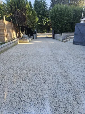Conception d'une cour complète en béton désactiver avec des chemins d'accès jusqu'à l'escalier extérieur et la cabane de jardin à Meximieux dans l'Ain