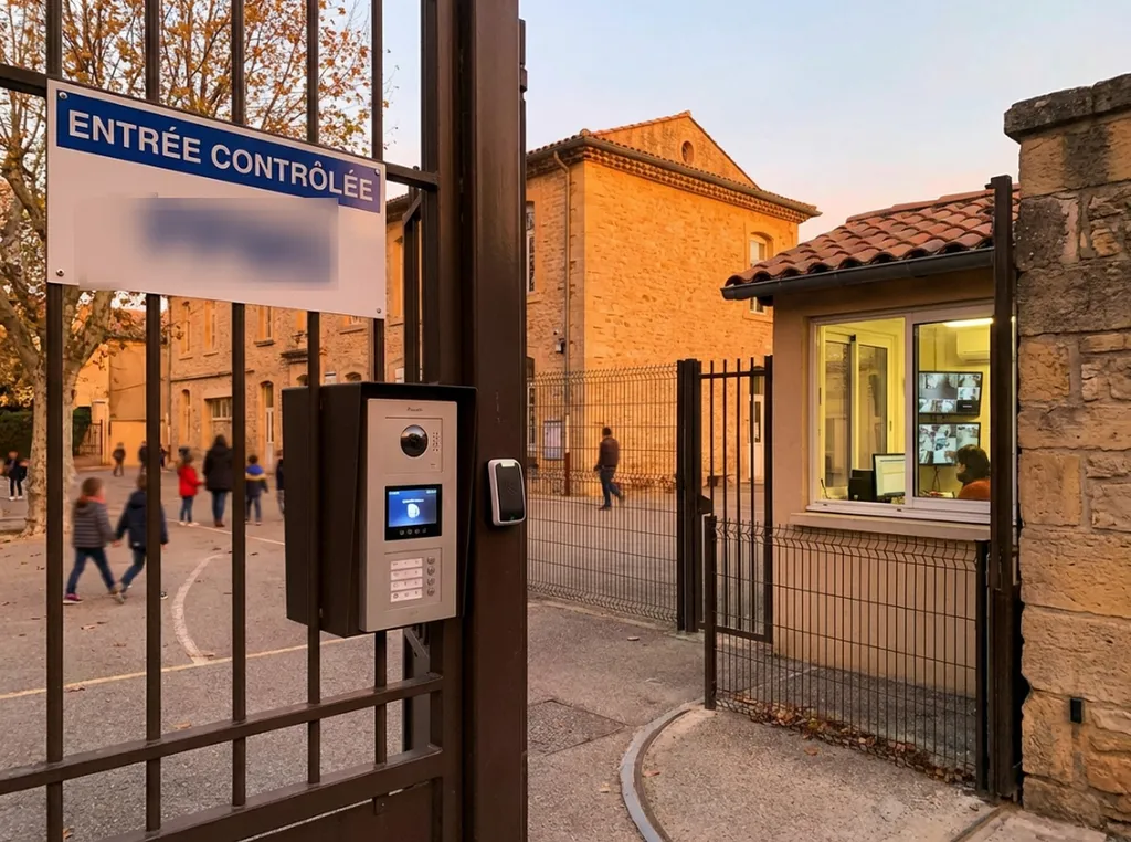 Entrée établissement scolaire sécurisée système contrôle d'accès PPMS, portail avec lecteur badges RFID et interphone vidéo, loge surveillance, verrouillage centralisé instantané, conformité Plan Particulier Mise en Sûreté Vigipirate
