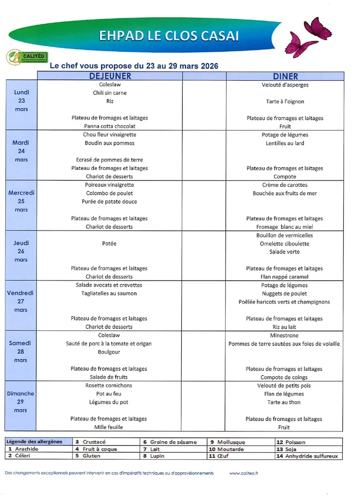 Menu du lundi 23 mars au dimanche 29 mars 2026