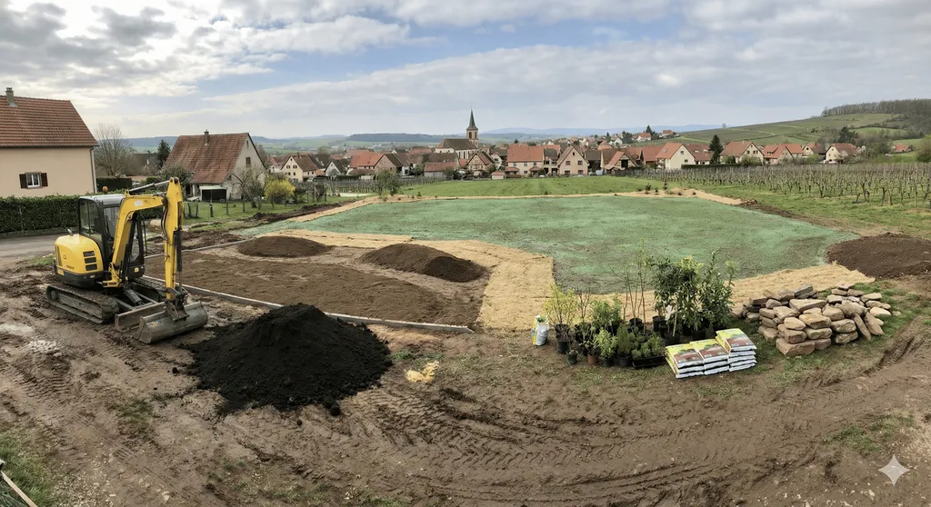Terrassement pour aménagement de jardin paysager avec nivellement modelage de terrain création massifs plantation et engazonnement pour particuliers à Saverne proche Wasselonne dans le Bas-Rhin 67700