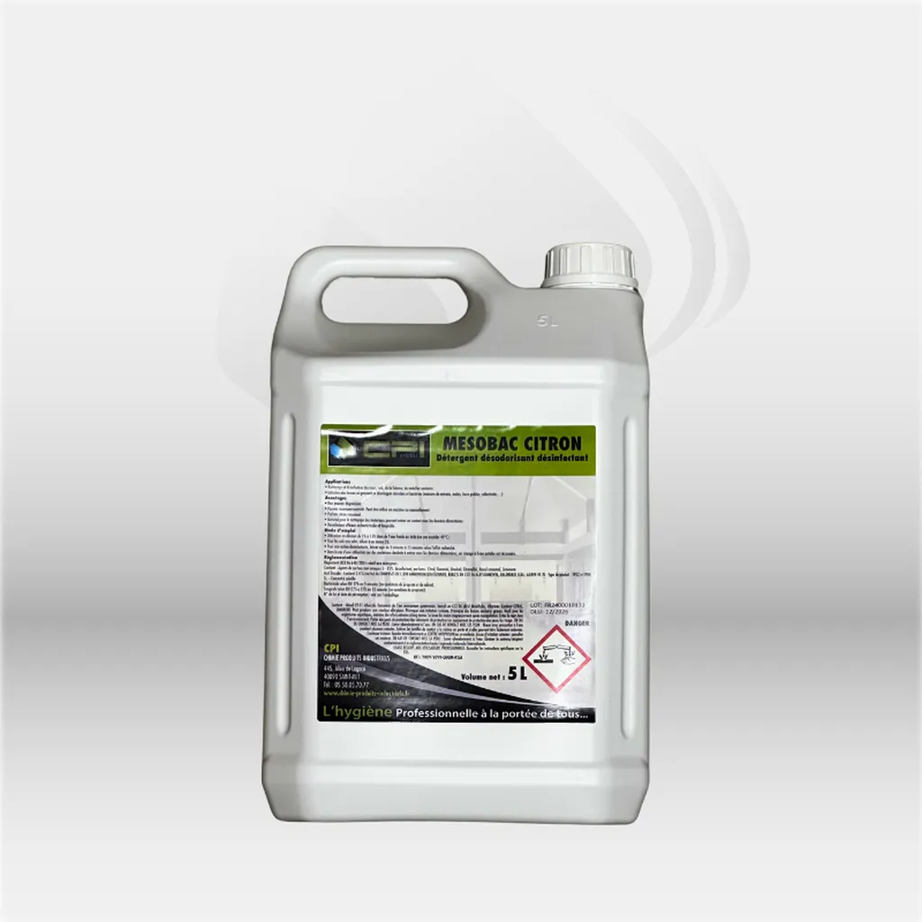 Détergent sols et surfaces surodorant Mésobac PLMS 5L, bactéricide NF EN 1040 et fongicide NF EN 1275, 3 parfums Fraise Citron Pin Eucalyptus, usage serpillère éponge autolaveuse collectivités – disponible à Mont-de-Marsan, Landes (40), Nouvelle-Aquitaine