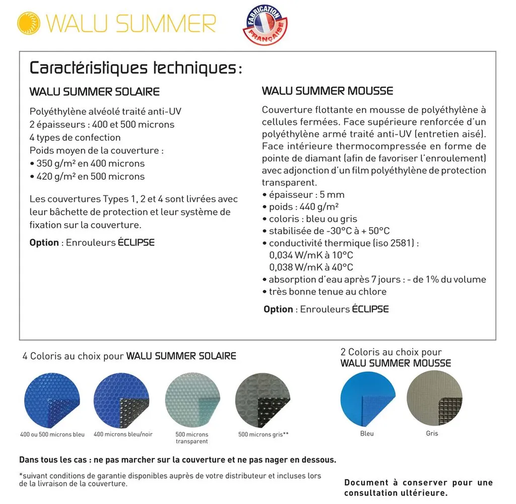 COUVERTURE D'ETE WALU SUMMER TYPE SOLAIRE