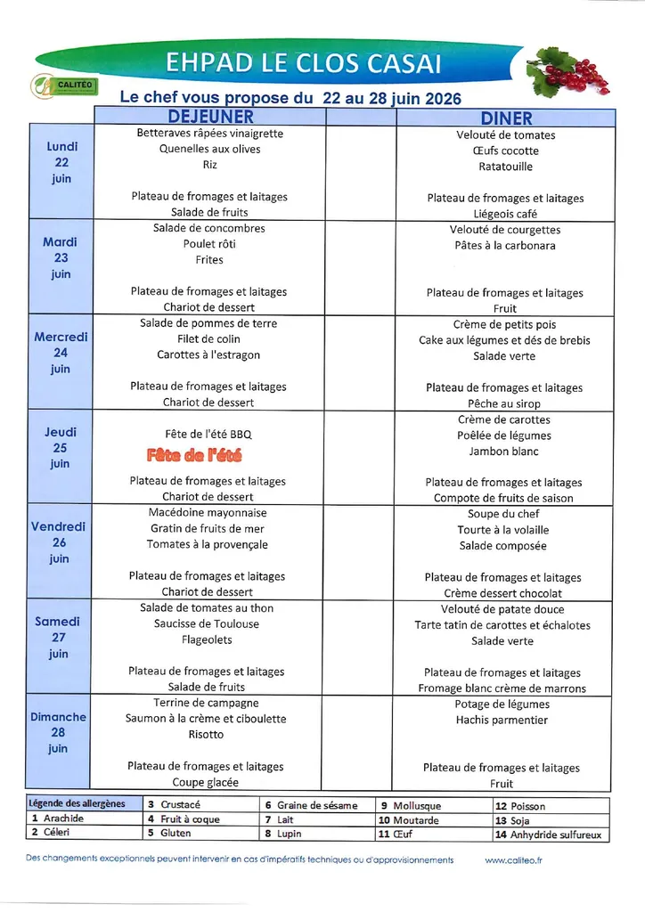 Menu du lundi 22 au dimanche 28 juin 2026